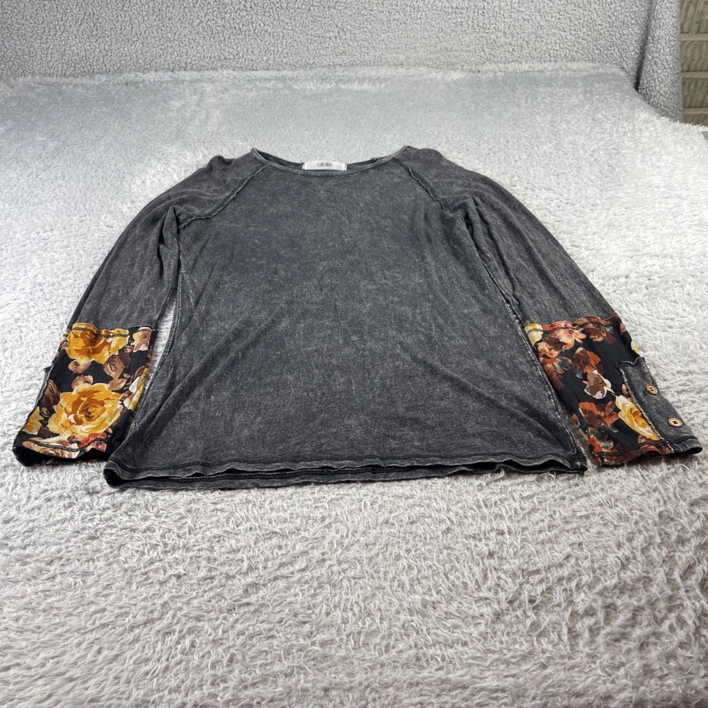 ABLE Women Acid Wash Floral Cuff Long Sleeve Top Charcoal Grey Size Medium